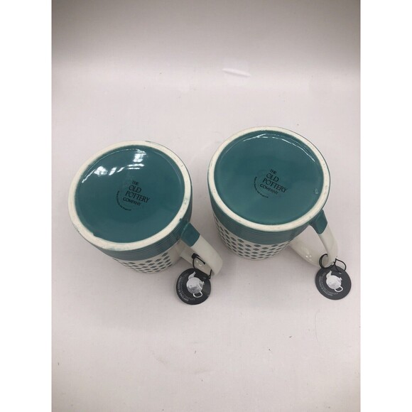 Old Pottery Company Button Diamond Mug. Teal/White Set of Two 16oz Coffee Tea - Picture 6 of 6